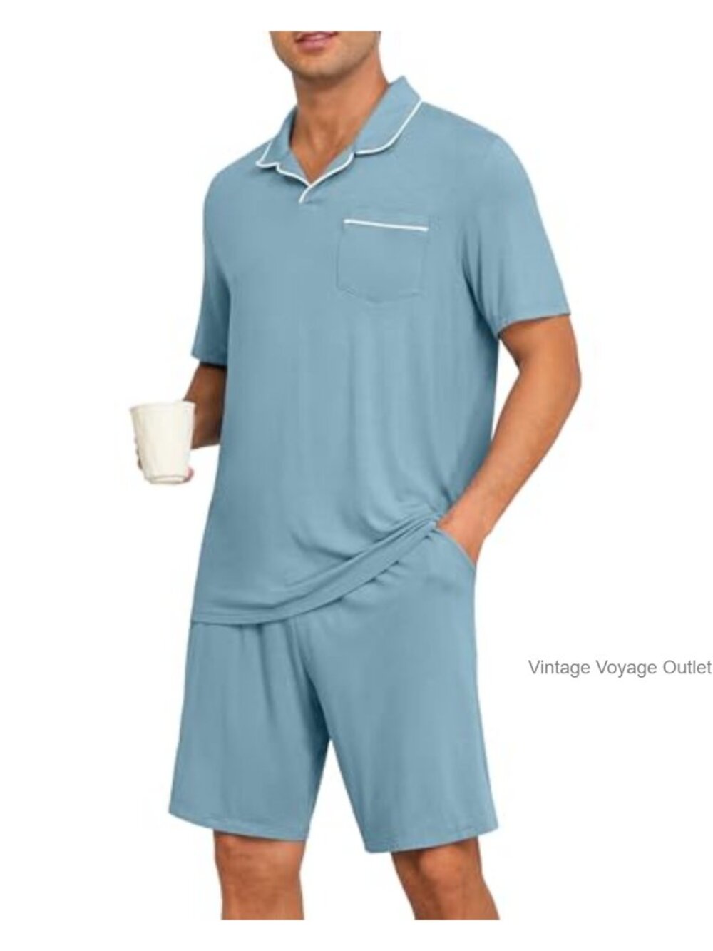 Mens Pajama Set Lightweight Short Sleeve Rayon Blend Sleepwear Loungewear